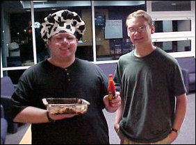 One of Gee's residents and I pose with the completed but yet to be chilled fudge, with the bottle of hot sauce (for the other recipe).