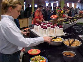 Croutons, bacon bits, and those little noodle things are elevated and in their own bowls. Salad dressing was considerably neatened up from before, now being in their own little pitchers, meaning no ladles to get stuff everywhere when not careful. Now the worst you can do is drench your salad.