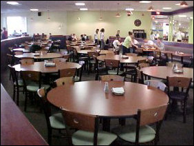 The experience is different as well now. Before, D-Hall had a combination of long and short tables. Now most tables are separate, and the furniture is brand new. In what used to be dining room #5, in the center of the room are a number of round tables, that seat six. Beyond this are a number of four-seat tables.