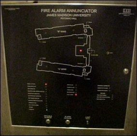 The alarm annunciator shows exactly what it's supposed to. The alarm is originating from the center section of the building, on the first floor, from a manual pull-station.