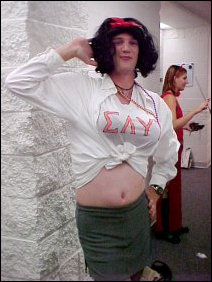 This gentleman was dressed as a sorority sister, of the sorority Σ Α Υ Τ. Translation: S L U T. Also, his breasts were made of Styrofoam.