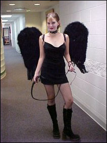 Megan went dressed up as a fallen-angel-slash-dominatrix. Gotta love that whip...