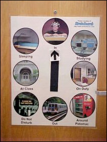 Speaking of "where am I", I overhauled my locator sign for 2002, with new and bigger pictures. Now, "In" shows me from Microwave Cooking, "Studying" shows Wampler Hall's computer lab, "On Duty" shows the Potomac Hall Office, "Around Potomac" shows the vending machines, "Out" shows the Metro up in DC, "Do Not Disturb" shows a modified version of a Metro sign in one of their stations, "At Class" shows the entrance to Maury Hall (home of my new major, Public Administration), and "Sleeping" shows the same picture as last year - my bed from my room sophomore year.