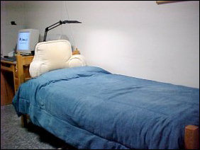 First of all, sleep, sweet sleep. My blue-denim comforter is just lovely, and combined with the rest of the bed makes sleep SO comfortable. And to top it off, my little desk lamp functions as a great reading-lamp.