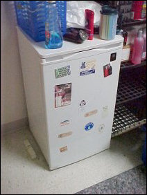 The fridge, meanwhile, is my stronghold. Keeper of soda, water, and occasionally food, it's got all the various magnets on it that kind of trace where I've been all through college.