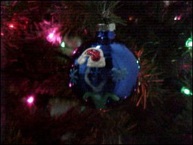 This is my ornament, already adorning the tree. The guy in the Santa hat on the ornament, BTW, is supposed to be me as shown on the site in December of 2000.