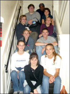 This is the whole group, posing on the stairs at Sojourner House. From top to bottom, left to right, there's me, the maintenance guy at Sojourner House, Maggie, Spencer, Nicole, Mary, Mark, Lindsay, Leigh, and Catherine.