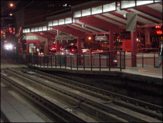 This is the Station Square station for The T. In Pittsburgh, all the stations are side platform, since the trains only have doors on the right side. One thing that distinguishes The T from Metro is that The T, being a light rail system, receives its power from overhead wires. This point was driven home when Patrick and I walked across the tracks next to the station to reach our platform. This was not a hazard, since The T has no third rail to get zapped on.